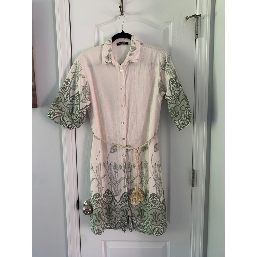 Francesca Bettini Italy Linen Embroidered Shirt Dress Sage Green Floral Tassel M